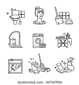 Home Cleaning, Washing And Tidying Signs Set. Thin Line Art Icons. Linear Style Illustrations Isolated On White.