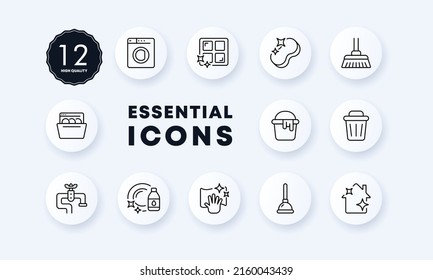 La limpieza de la casa. Detergente, mop, lavavajillas, papelera, émbolo, grifo, guantes, etc. Concepto general de limpieza. Estilo neomorfista. Icono de línea de vector para negocios y publicidad