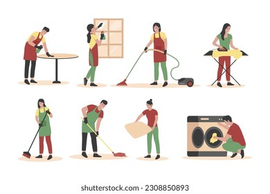 Home cleanup people vector collection set. Illustration for website, landing page, mobile app, poster and banner. Trendy flat vector illustration