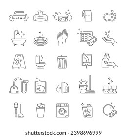 Home clearing. Housekeeping icon. Laundry laying out. Washing rope mop with bucket. Mopping room. Smooth housework. Cobweb vacuum cleaner. Web brush services. Vector cleaning garish pictograms set