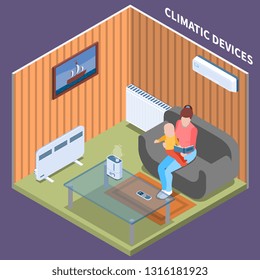 Home climate control isometric background with young woman reading book her baby in  room equipped with air conditioning heating battery and electric heater vector illustration