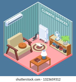 Home climate control isometric composition illustrated living room with furniture and climatic devices vector illustration