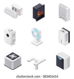 Home climate equipment isometric icon set, heating, cooling, purification, dehumidification and humidification