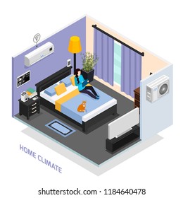 Home climate remote controlled system isometric composition with sleeping room interior weather station air conditioner vector illustration 