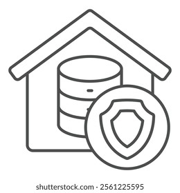 Home cloud storage thin line icon, data protection concept. Vector graphics. Safety emblem with house, disks array sign on white background, outline style icon for mobile or web design