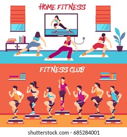 Home and club fitness classes 2 flat horizontal banners set with aerobic steps and slide boards vector illustration