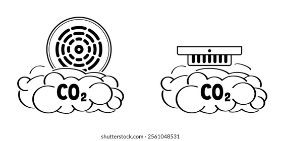 Home CO2 sensor. Smoke, fire alarm detector. Air quality monitor, atmosphere condition for PPM, CO2 meter map, CO2 value meters check. CO2 and greenhouse gases. Air purification level.