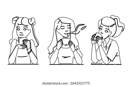 home coffee woman cup vector. happy morning, young beverage, female person home coffee woman cup character. people black line pencil drawing illustration