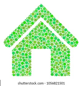 Home collage of filled circles in different sizes and eco green color tints. Vector filled circles are combined into home illustration. Fresh design concept.