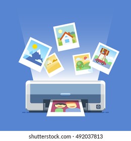 Home color Printer. Foto, blue background. Isolated Flat Vector Illustration