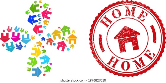 Home colored exploding flower with four petals, and red round HOME corroded stamp. Home symbol inside round rubber print. Element flower with 4 petals created from scattered home items.