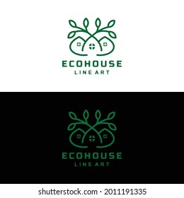 combinación de hojas de casa con estilo de arte de línea.Diseño del logo de casa de madera, hogar ecológico , símbolos para historias de medios sociales destacados y posts para tiendas de interiores, camisetas , como quieras y puedes editar