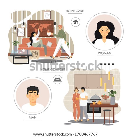 Home comfort and caring for family members, vector flat illustration. Happy couples spending time together at home, husband taking care of his wife. Positive family relationship.