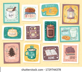 Home comfort collection. Cozy items and hygge lettering set of post stamps and stickers. Vector illustration