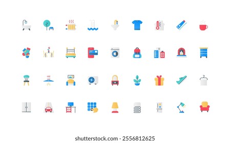 Home comfort color icon set. Electrical appliances and furniture for comfortable interior, temperature control, green plants of home garden, access to smart services flat elements vector illustration
