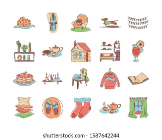 Home comfort color line icons set. Cozy atmosphere at home. Things that create a comfort. Pictogram for web page, mobile app, promo. UI UX GUI design element.