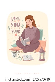 Home comfort cozy motivational quote. Vertical poster. A girl in pajamas reading a book. Vector illustration