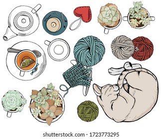 Home comfort, cute home activities, tea drinking, knitting, gardening and snugly sleeping cat, set, vector illustration