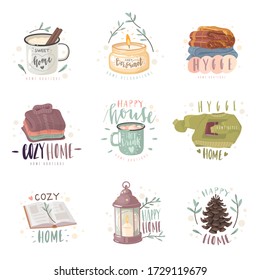 Home Comfort Emblems Set. Cozy Items And Hygge Lettering. Vector Illustration