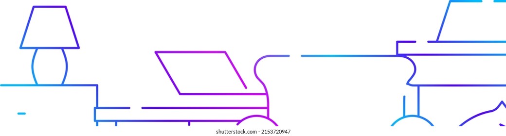 Wohnkomfort, Kamin, Sessel, Studioaufnahme mit horizontalem Banner oder Hintergrund der unteren Schablone Hintergrund. Flache Farbverlauf-Linie, Vektorgrafik einzeln auf Weiß.