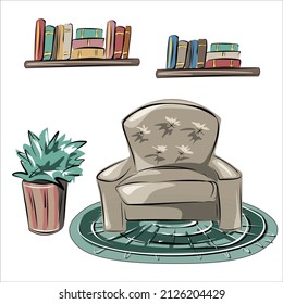 Home comfort. Furniture for reading, spending time. A cozy armchair, a sofa, a carpet, shelves with books, a pot with a flower. Minimalism. Isolated vector objects.