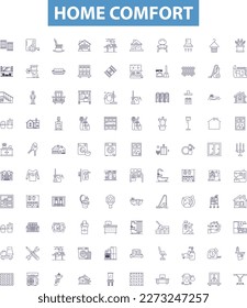 Home comfort line icons, signs set. Homely, Cozy, Cosy, Relaxing, Comfy, Homey, Serene, Tranquil, Safe outline vector illustrations.