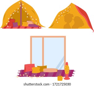 Home comfort with pillows,a blanket,lamp and a cup of tea or coffee.Children`s tent. Cozy place in front of the window. Couple silhouettes.Stay home. Vector illustration.