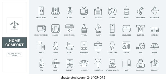 Home comfort products collection for household and garage, cleaning and cooking thin black and red outline symbols, vector illustration. Electric appliances, furnishings and tools and line icons set