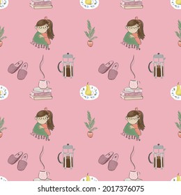 home comfort, seamless pattern on a pink background