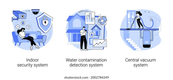 Home comfort and security abstract concept vector illustration set. Indoor security system, water contamination detection, central vacuum installation, smart home sensor, door lock abstract metaphor.