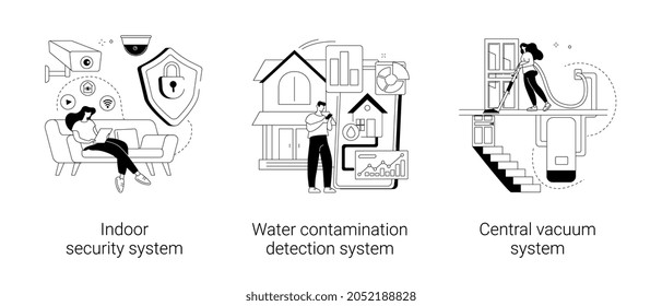 Home comfort and security abstract concept vector illustration set. Indoor security system, water contamination detection, central vacuum installation, smart home sensor, door lock abstract metaphor.