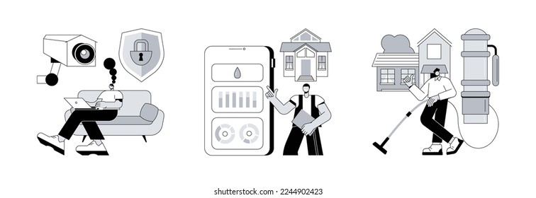Home comfort and security abstract concept vector illustration set. Indoor security system, water contamination detection, central vacuum installation, smart home sensor, door lock abstract metaphor.