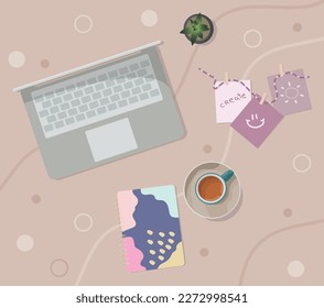 Home comfortable workplace. Laptop, notebook, coffee and plant on the table. Home online education. Vector illustration