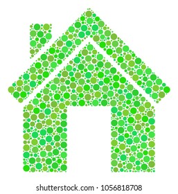 Home composition of dots in variable sizes and fresh green color hues. Vector dots are composed into home mosaic. Ecology vector illustration.