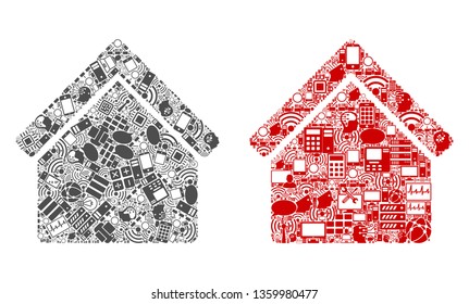Home composition icons organized for bigdata purposes. Vector home mosaics are organized from computer, calculator, connections, wi-fi, network symbols into abstract compositions.