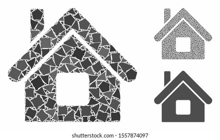 Home composition of rough parts in variable sizes and shades, based on home icon. Vector tremulant pieces are united into composition. Home icons collage with dotted pattern.