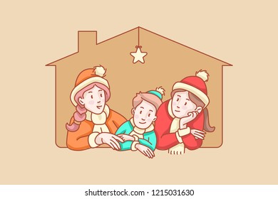 Home composition, soft tone, mono clip. Window with kids, are three on their house, looking in front and around. Hand drawn style vector design. Concept with characters. A doodle story illustration.