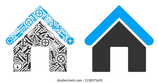 Home composition of workshop instruments. Vector home icon is created of gears, spanners and other mechanical items. Concept for tuning workshop.