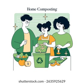 Prática de compostagem domiciliar com uma família envolvida na gestão sustentável de resíduos. Educar as crianças sobre hábitos ecológicos e reciclar restos de cozinha em um composto valioso. Ilustração vetorial.
