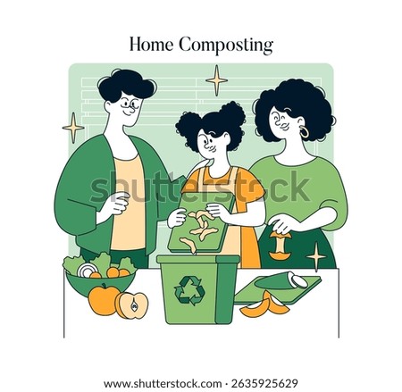 Home composting practice with a family engaging in sustainable waste management. Educating children on eco-friendly habits and recycling kitchen scraps into valuable compost. Vector illustration.