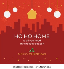 Home Concept Christmas Greetings, Wishes Real Estate Background, Buildings. Red Bg. Merry Christmas Social Media Post  Design Template