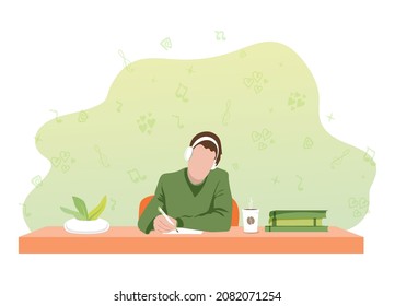 Home concept, man at table listening to music with coffee, student or freelancer. Guy in headphones with pen in hand. Flat style vector illustration