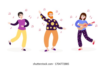 Home concept vector illustration set. Isolated on white background. Dance, singing at home.