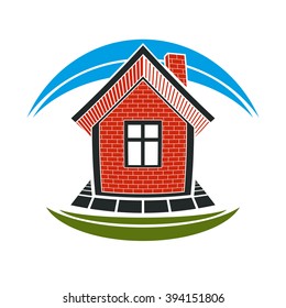 Home conceptual illustration, vector simple house constructed with red bricks. House art picture, real estate theme. Abstract image, best for use in advertising, estate and construction business.