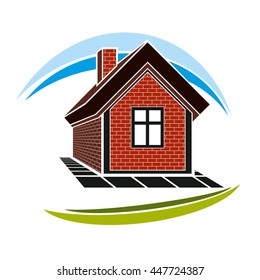 Home conceptual illustration, vector simple house constructed with red bricks. House art picture, real estate theme. Abstract image, best for use in advertising, estate and construction business.