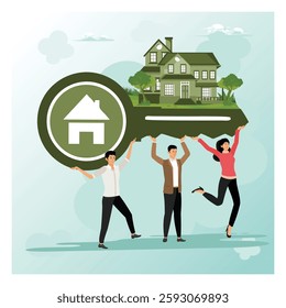 Home Conceptual. People carrying a large key with a house symbol, symbolizing home ownership and teamwork. Flat vector modern illustration 