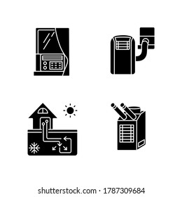 Home conditioning black glyph icons set on white space. Geothermal heating and cooling system. Spot cooler, window air and portable conditioner silhouette symbols. Vector isolated illustrations