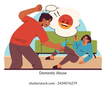 Home conflict. An aggressive figure towers over a frightened person. The grim face of domestic violence and the need for safe havens. Flat vector illustration.