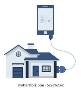 Home connected to a cell phone through a usb cable. Outline of the house being shown on the mobile monitor. Flat design. Isolated.