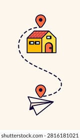 Home connected to destination pins with a navigation route and paper airplane. Perfect for GPS, delivery, logistics, real estate, travel, and mapping concept vector illustraion